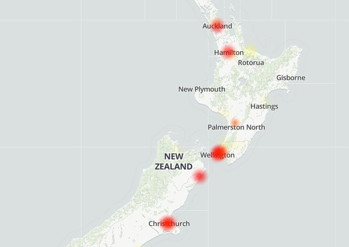 A heatmap from Downdetector.co.nz showing internet outages in all New Zealand's major cities. (Screenshot by The Epoch Times)