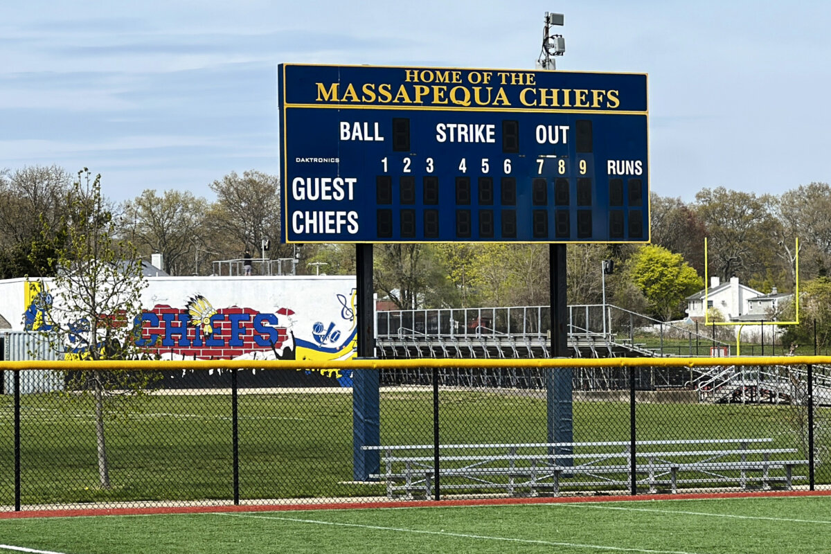 Chiefs signs and logos are displayed at Massapequa High School in Massapequa, N.Y., Friday, April 25, 2025. (Ted Shaffrey/AP Photo)