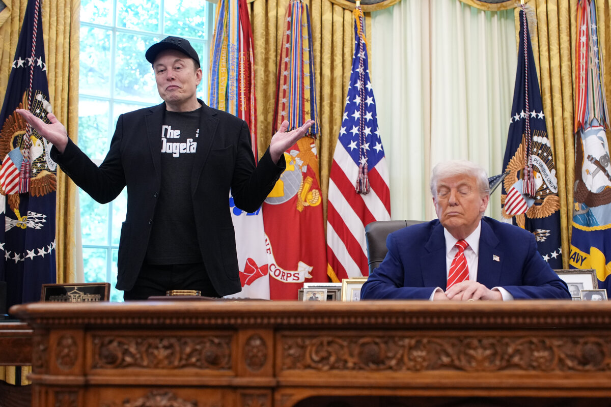 Tesla CEO Elon Musk speaks alongside President Donald Trump to reporters in the Oval Office of the White House in Washington on May 30, 2025. (Kevin Dietsch/Getty Images)