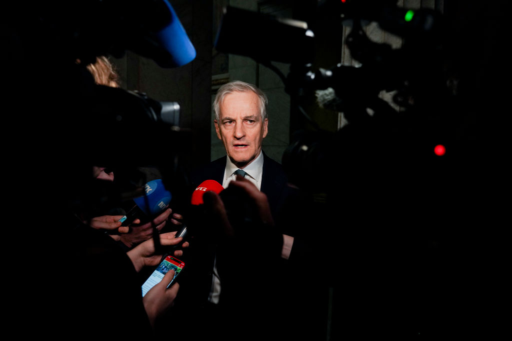 Prime Minister Jonas Gahr Store speaks to reporters after an event at University Aula in Oslo, Norway, on Jan. 28, 2025. (Ole Berg-Rusten/NTB/AFP via Getty Images)
