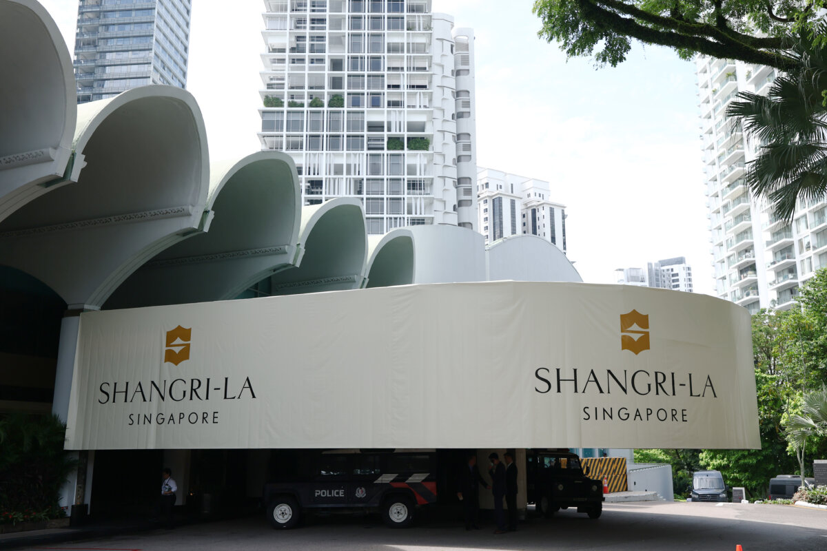 Police vehicles are seen at the Shangri-La Hotel during the 22nd IISS Shangri-La Dialogue in Singapore on May 30, 2025. (Yong Teck Lim/Getty Images)