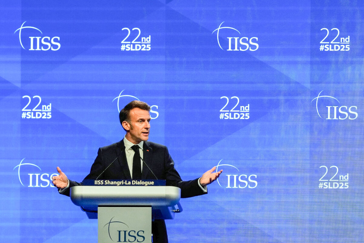 French President Emmanuel Macron delivers a speech during the 22nd Shangri-La Dialogue summit in Singapore, on May 30, 2025. (AP Photo/Anupam Nath)