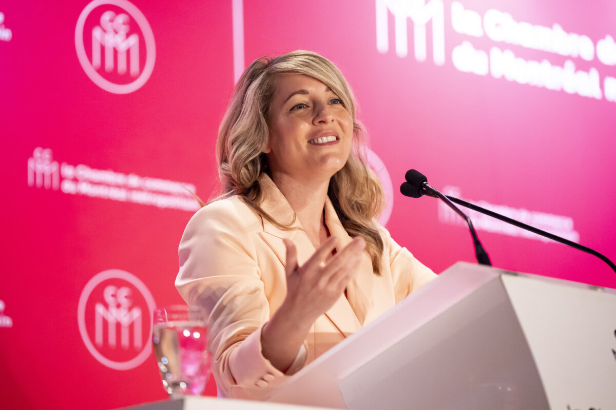 Industry Minister Mélanie Joly gives remarks at the Chamber of Commerce of Metropolitan Montreal conference, in Montreal on June 11, 2025. (The Canadian Press/Christopher Katsarov)