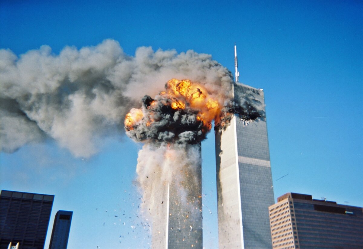 The moment the south tower exploded on 9/11. (Public Domain)
