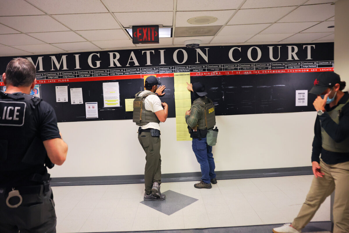 Federal agents patrol the halls of immigration court at the Jacob K. Javitz Federal Building in New York City on June 9, 2025. (Michael M. Santiago/Getty Images)