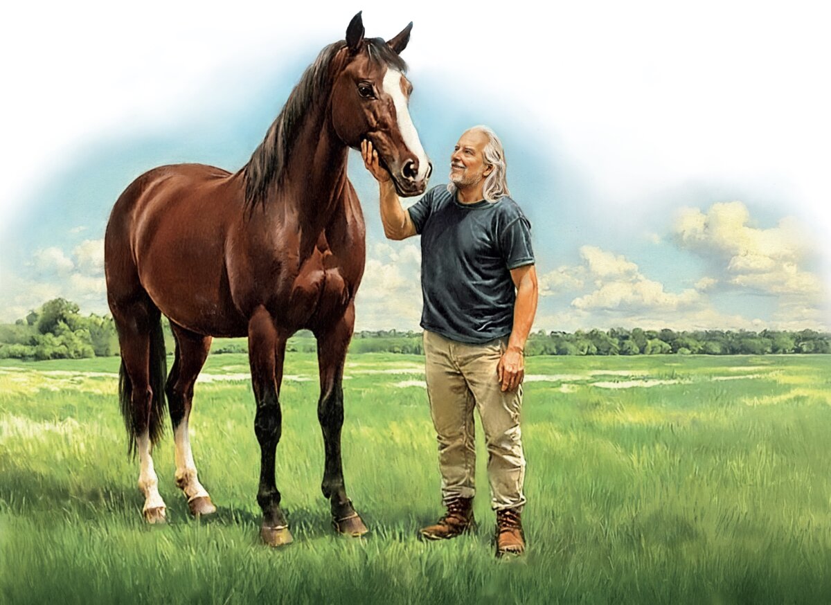 Anthropologists believe horses and humans have shared a close connection for over 10,000 years. An illustration depicting the author with his horse. (Biba Kayewich for American Essence)