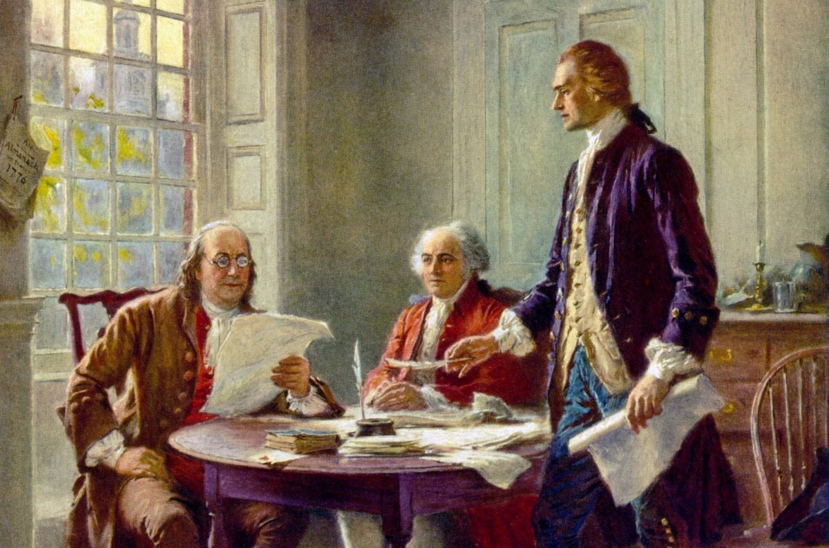 “Writing the Declaration of Independence, 1776” by Jean Leon Gerome Ferris, early 20th century. The oil painting depicts (L–R) Benjamin Franklin, John Adams, and Thomas Jefferson. (Public Domain)