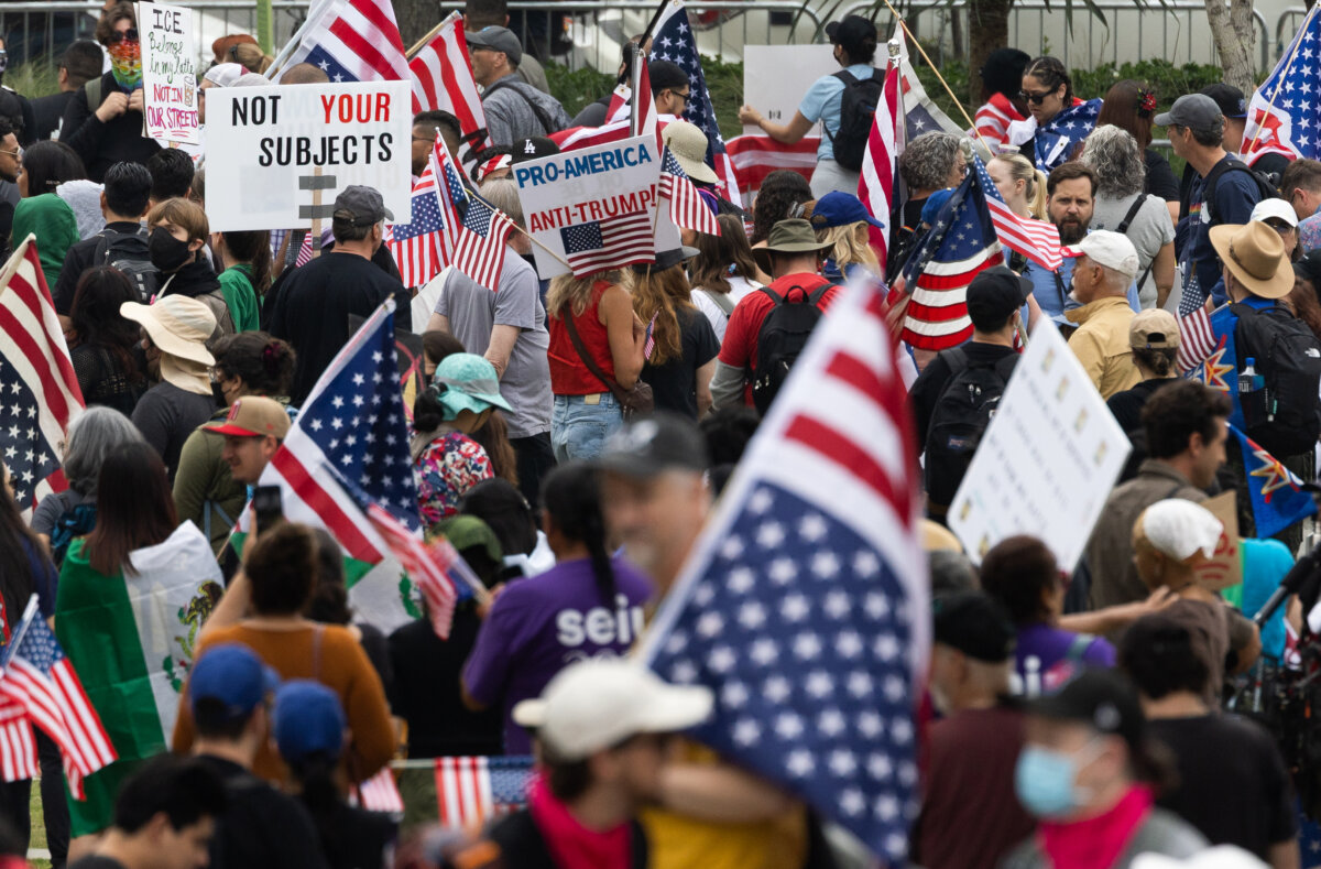 People gather for "No Kings Day" in Los Angeles on June 14, 2025. (John Fredricks/The Epoch Times)