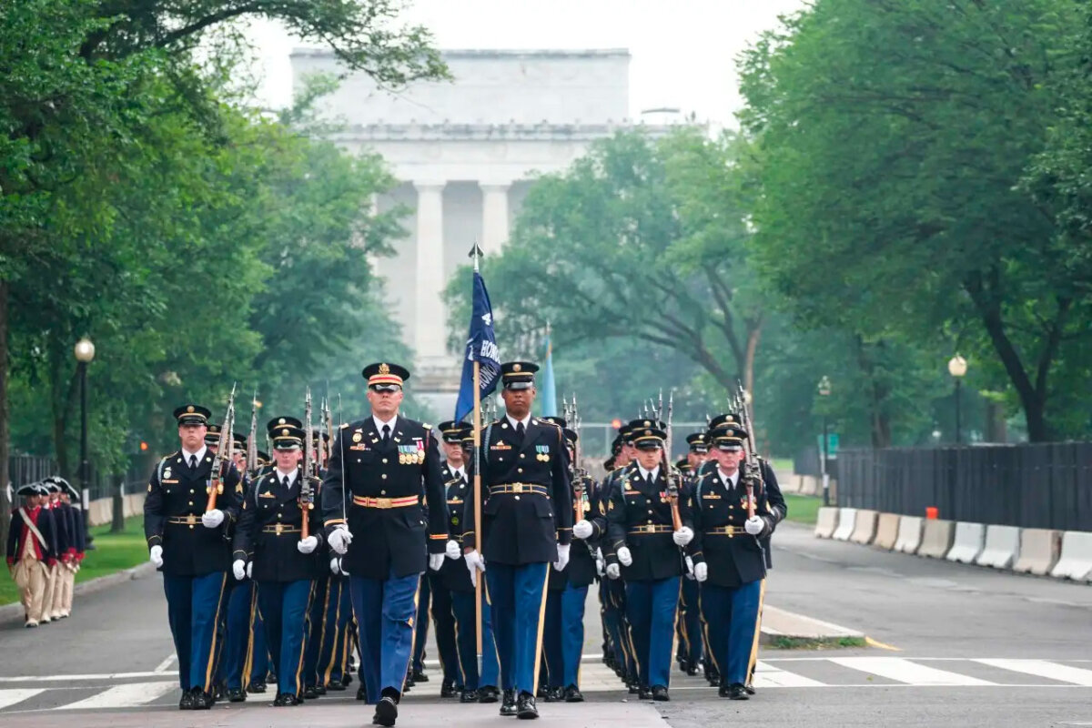 Members of the U.S Army march down Constitution Avenue in the 250th birthday parade for the U.S. Army in Washington on June 14, 2025. (Andrew Leyden/Getty Images)