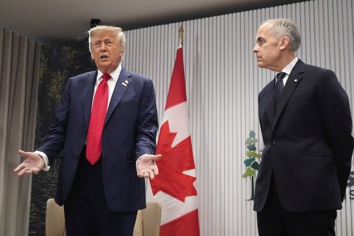 President Donald Trump speaks during a meeting with Canada's Prime Minister Mark Carney on the sidelines of the G7 Summit in Kananaskis, Canada, on June 16, 2025. (AP Photo/Mark Schiefelbein)