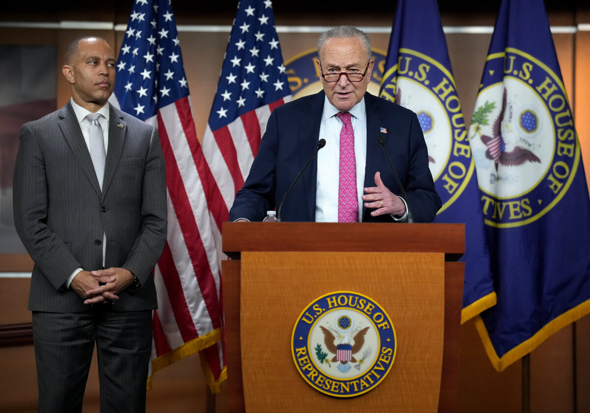 Senate Minority Leader Charles Schumer (D-N.Y.) and House Minority Leader Hakeem Jeffries (D-N.Y.) speak at a press conference at the U.S. Capitol in Washington on June 11, 2025. (Kevin Dietsch/Getty Images)
