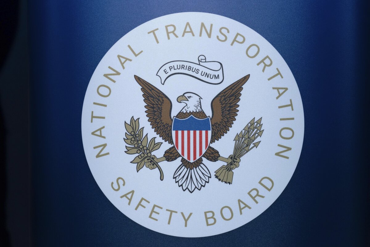 The seal of the National Transportation Safety Board is seen before a news conference at Ronald Reagan Washington National Airport, Jan. 31, 2025, in Arlington, Va. (Jose Luis Magana/AP Photo)