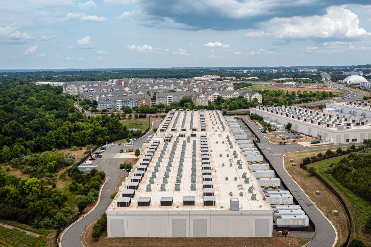 In an aerial view, the IAD71 Amazon Web Services data center is shown in Ashburn, Va., on July 17, 2024. (Nathan Howard/Getty Images)