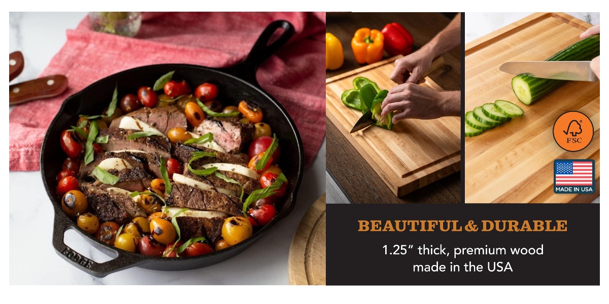 (Left) The Lodge 10.25-Inch Cast Iron Skillet, (Right) CLARK'S Maple Wood Cutting Board