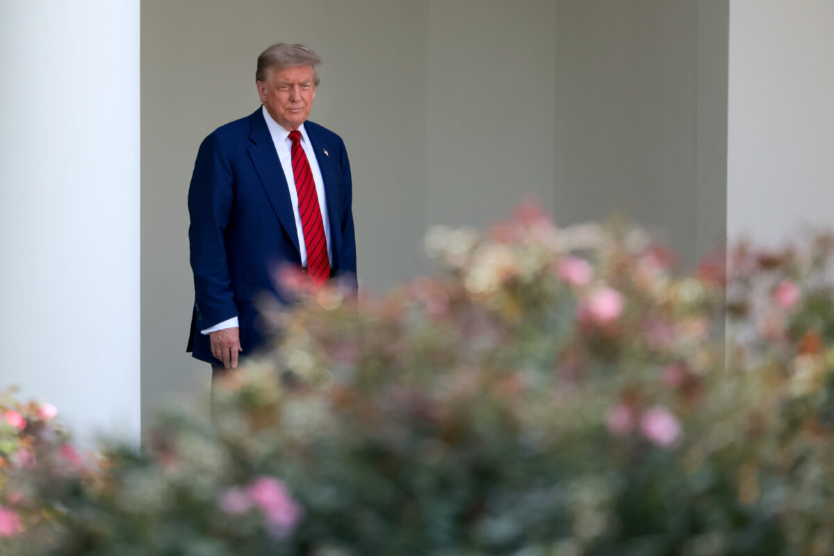 President Donald Trump walks out of the Oval Office and views the Rose Garden construction before boarding Marine One on the South Lawn of the White House on June 20, 2025. (Kayla Bartkowski/Getty Images)