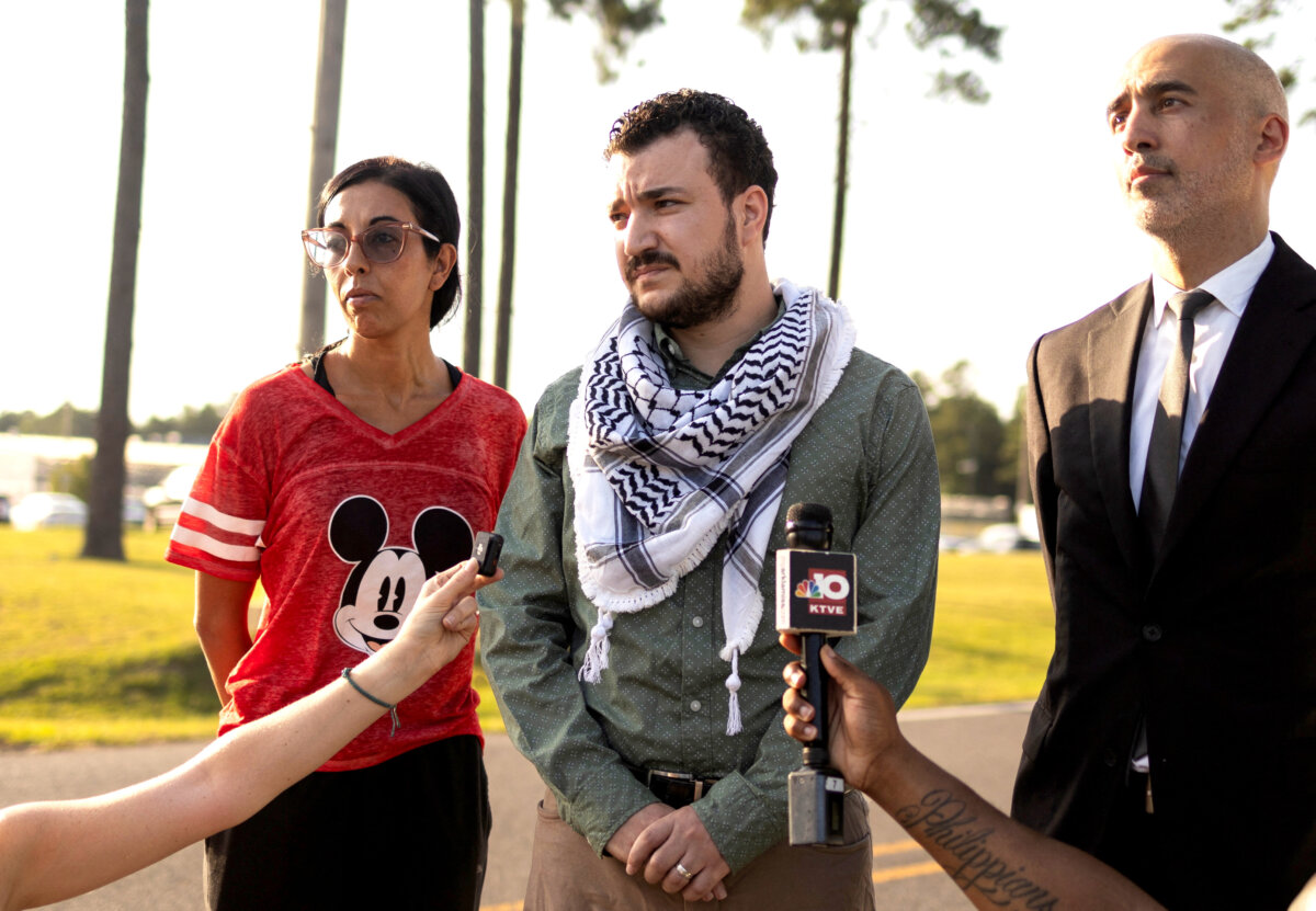 Columbia University graduate Mahmoud Khalil speaks to reporters after being released from immigration custody in Jena, La., on June 20, 2025. (Kathleen Flynn/Reuters)