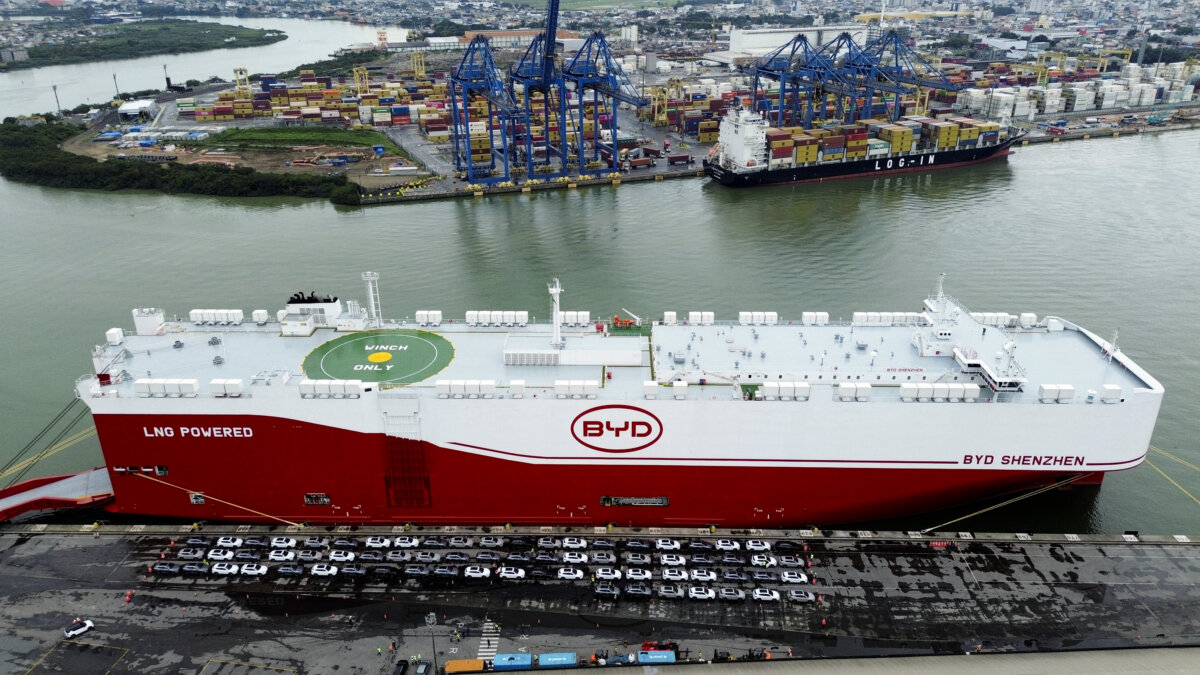 A drone view shows a BYD vessel docking to deliver vehicles at the Port of Itajaí in Santa Catarina, Brazil, on May 28, 2025. (Anderson Cohelo/Reuters)