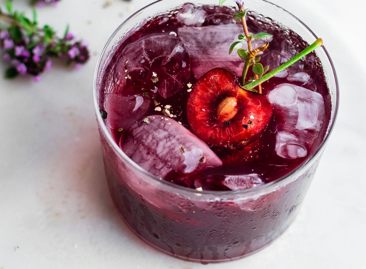 This cherry and thyme shrub can be stored for up to six months in the refrigerator. The recipe makes about three dozen ice-cold, refreshing drinks. (Jennifer McGruther)