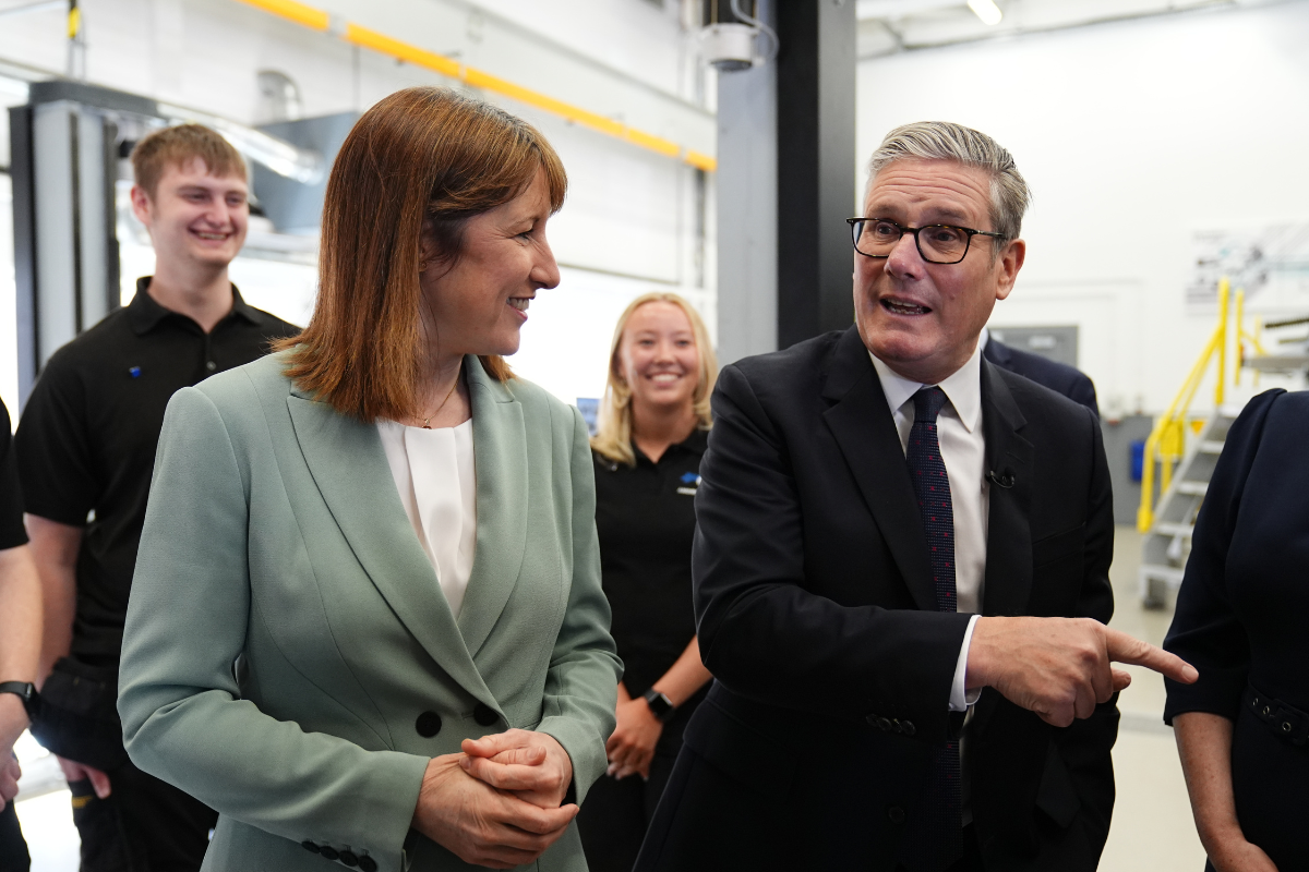 Prime Minister Keir Starmer and Chancellor of the Exchequer Rachel Reeves during a visit to automotive engineering company Horiba Mira in Nuneaton, Warwickshire, England, on June 23, 2025. (Jacob King/PA Wire)