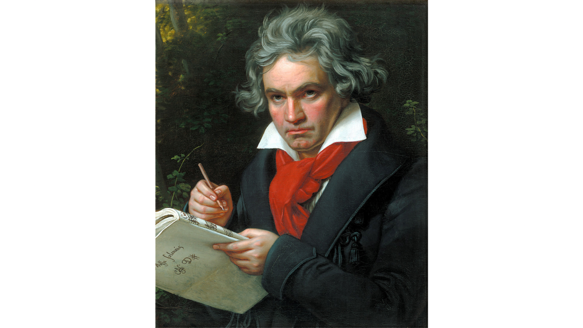 A portrait of Beethoven. Here, he is painted holding the score for "Missa Solemnis." (Public Domain)