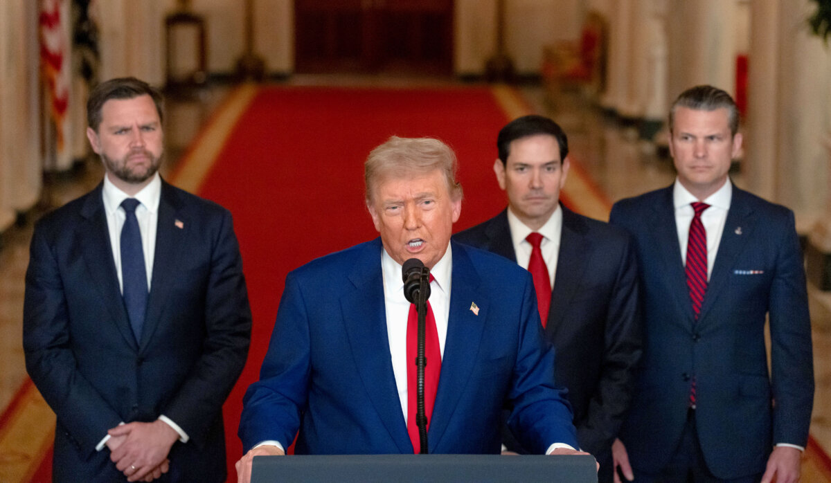 President Donald Trump delivers an address to the nation accompanied by Vice President JD Vance, Secretary of State Marco Rubio, and Defense Secretary Pete Hegseth from the White House in Washington on June 21, 2025. (Carlos Barria - Pool/Getty Images)