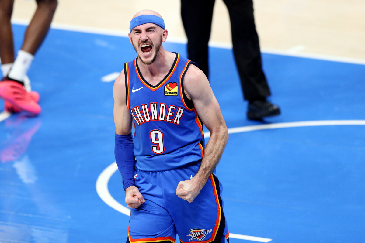 Alex Caruso (9) of the Oklahoma City Thunder celebrates during the fourth quarter against the Indiana Pacers in Game Seven of the 2025 NBA Finals at Paycom Center in Oklahoma City, Okla., on June 22, 2025. (Justin Ford/Getty Images)