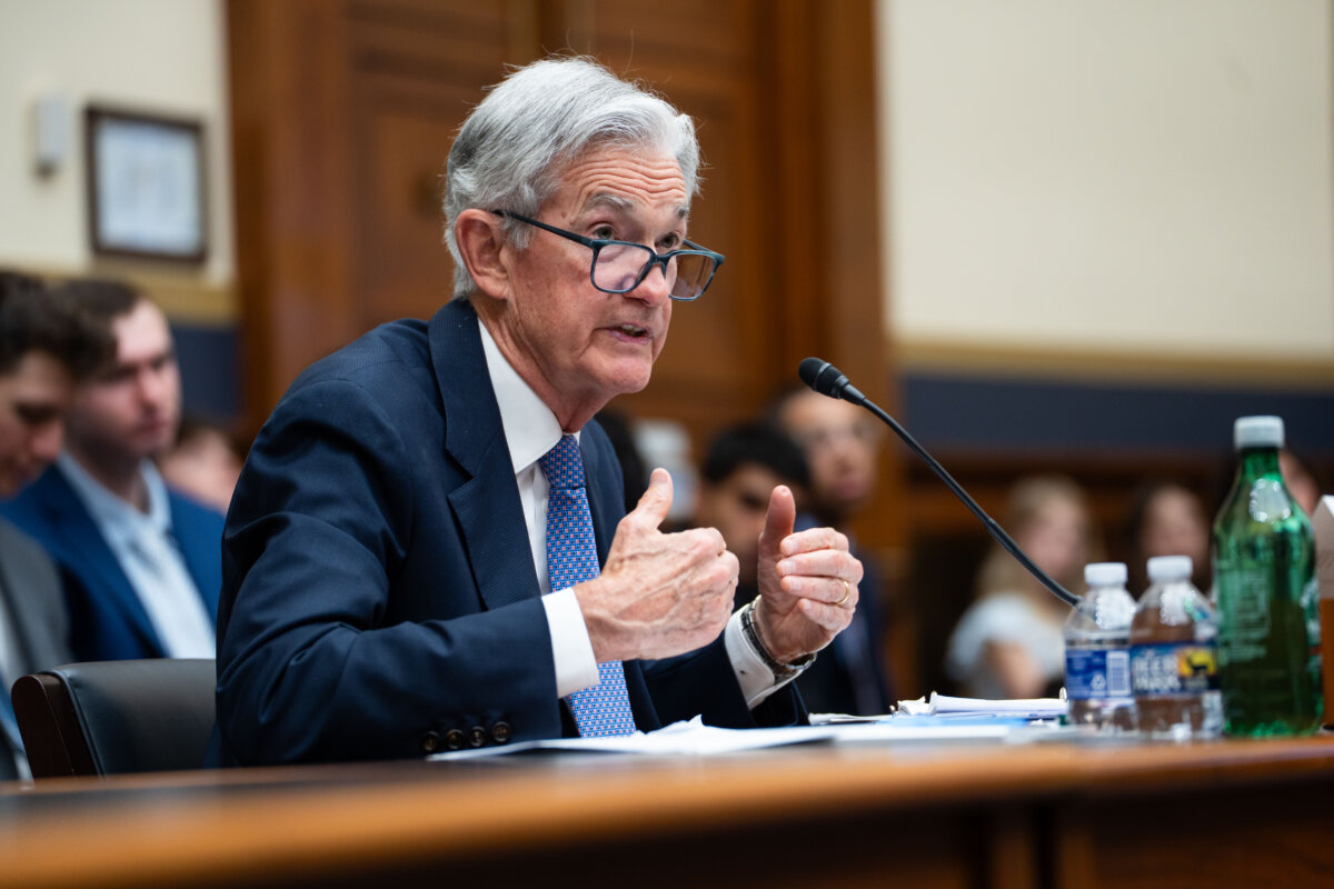 Federal Reserve Chairman Jerome Powell testifies before the House Committee on Financial Services on Capitol Hill in Washington on June 24, 2025. (Madalina Kilroy/The Epoch Times)