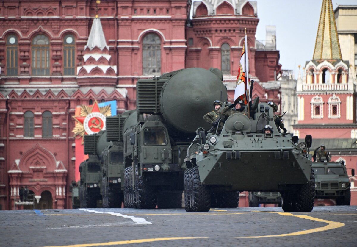 Russian military vehicles, including Yars intercontinental ballistic missile launchers, roll on Red Square during the Victory Day military parade in central Moscow on May 9, 2024. (Alexander Nemenov/AFP via Getty Images)