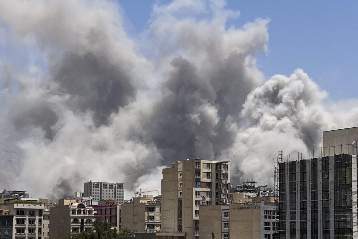Smoke rises from a location allegedly IRGC’s Sarallah Headquarters in north of Tehran, Iran after being targeted by Israel on June 23, 2025. (Elyas / Middle East Images via AFP via Getty Images)