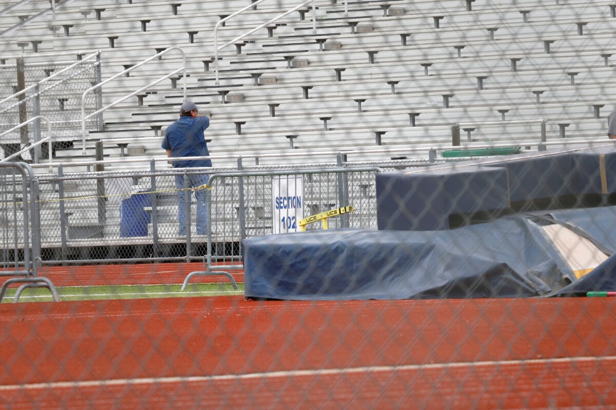 David Kuykendall Stadium's stand in Frisco, Texas, on April 2, 2025, after the District 11-5A track meet that was being held there was postponed after a Frisco Memorial athlete was stabbed and killed. (Chitose Suzuki/The Dallas Morning News via AP)