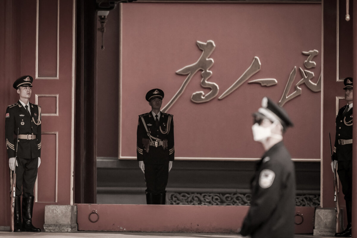 Security personnel stand guard at Zhongnanhai near Tiananmen Square ahead of China's 20th Communist Party Congress in Beijing on Oct. 13, 2022. (Noel Celis/AFP via Getty Images)