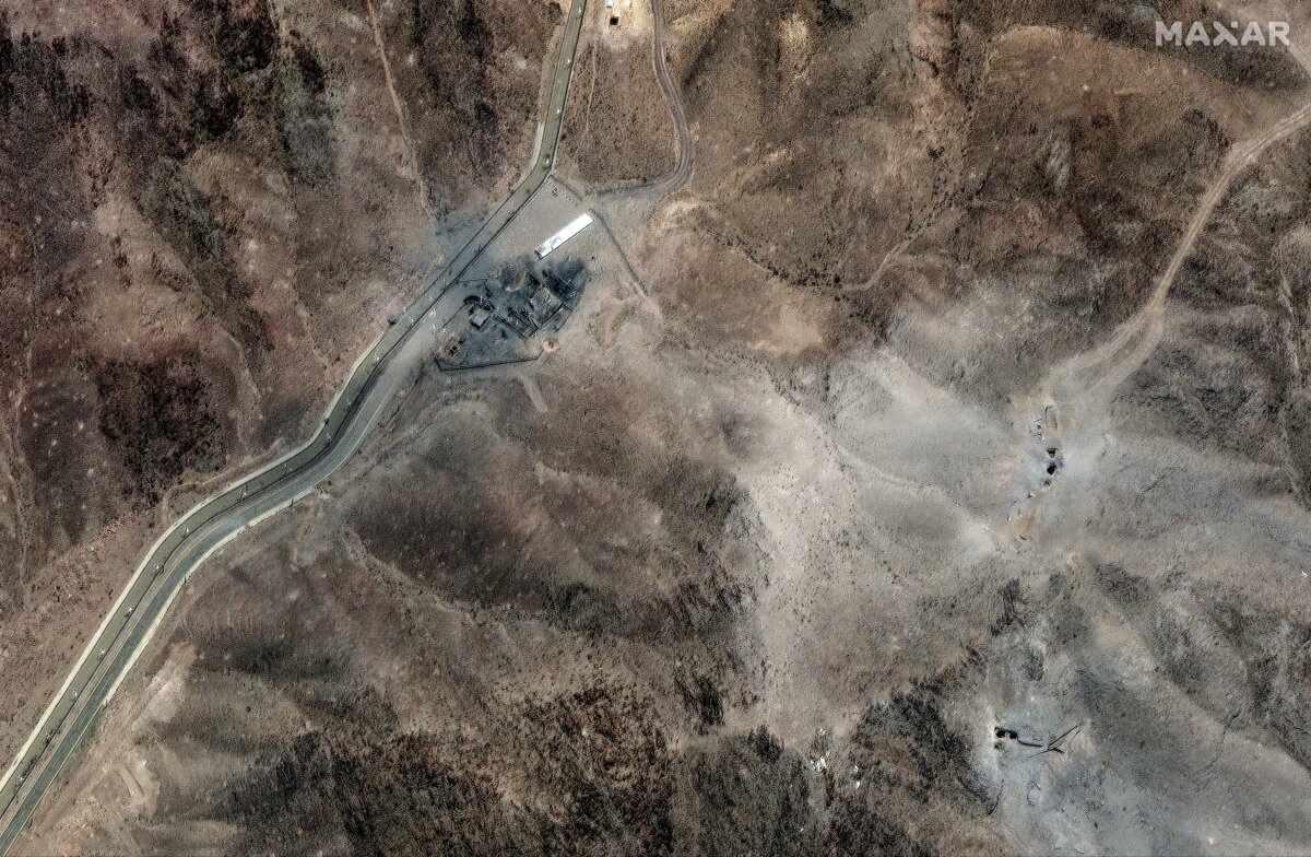 This June 24, 2025, satellite image provided by Maxar Technologies shows damage at the Fordo enrichment facility after strikes in Iran on June 23. (Maxar Technologies via AP)