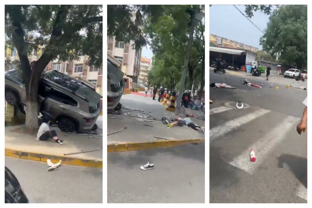 Screenshots of footage showing the scene after a vehicle hit several children near a school in Miyun, Beijing, on June 26, 2025. (The Epoch Times/Courtesy of @whyyoutouzhele)