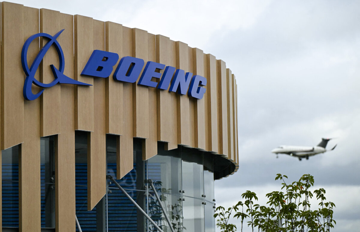 A logo on the Boeing stand on the opening day of the Farnborough International Airshow in the southwest of London, on July 22, 2024. (Justin Talli/AFP via Getty Images)