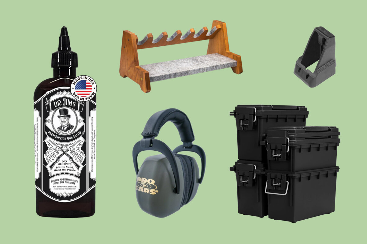 (Clockwise from left): Dr. Jim's Prescription Gun Cleaner, American Cherry Wood Pistol Rack, Raeind Universal Magazine Speedloader, Sheffield Ammo Storage Box, Pro Ears Shooting Range Ear Muffs. Illustration by The Epoch Times, Amazon