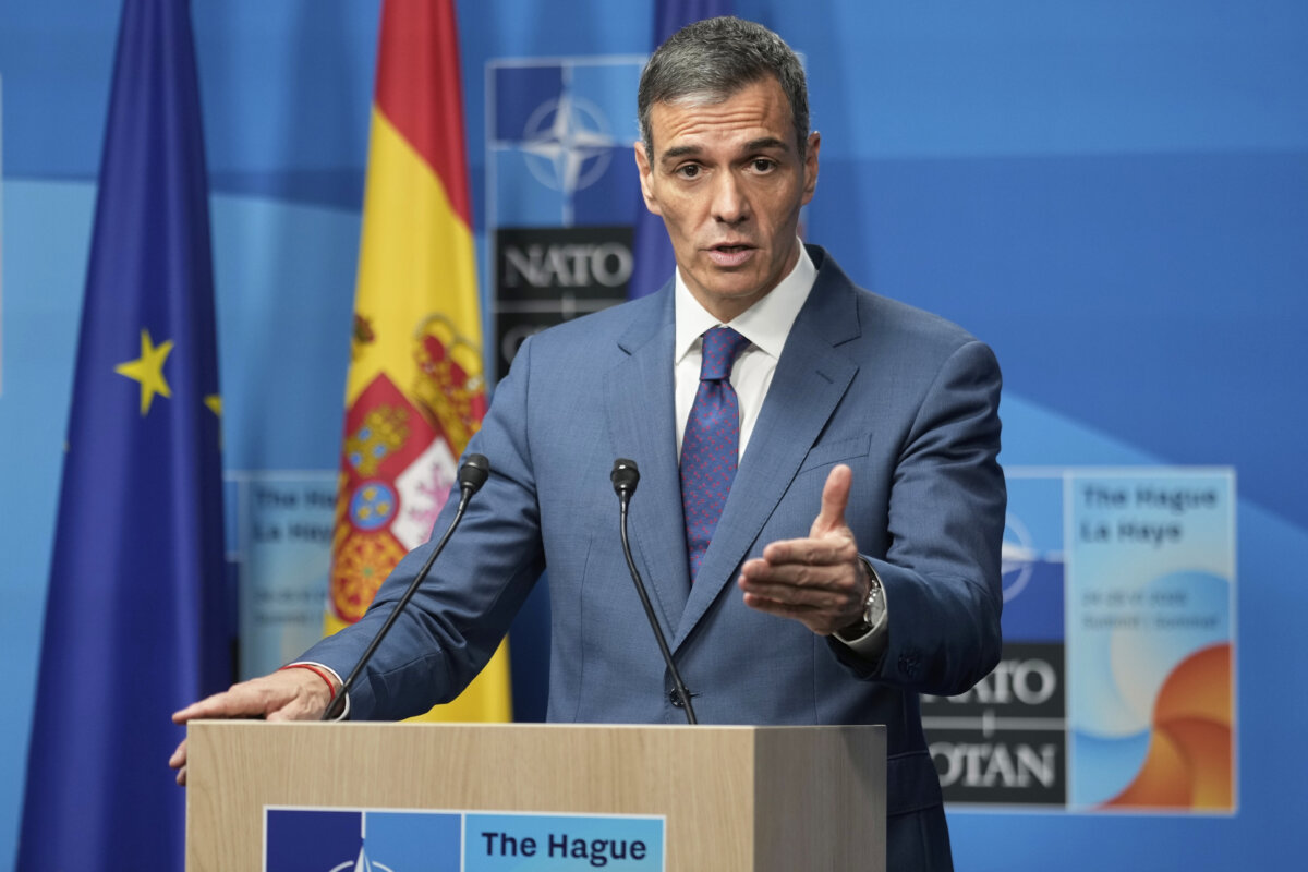 Spanish Prime Minister Pedro Sanchez speaks during a press conference after the plenary session at the NATO summit in The Hague, Netherlands, on June 25, 2025. (Markus Schreiber/AP)