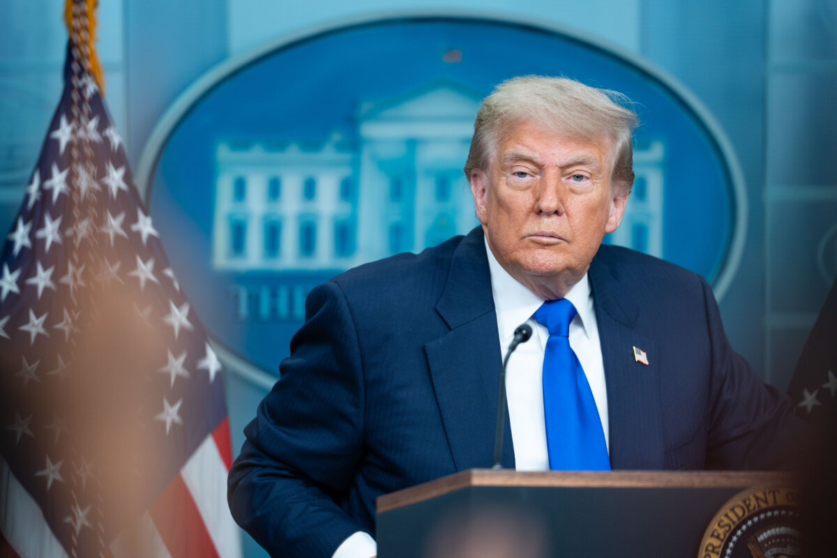 President Donald Trump speaks to reporters in the James S. Brady Press Briefing Room at the White House on June 27, 2025. (Madalina Kilroy/The Epoch Times)