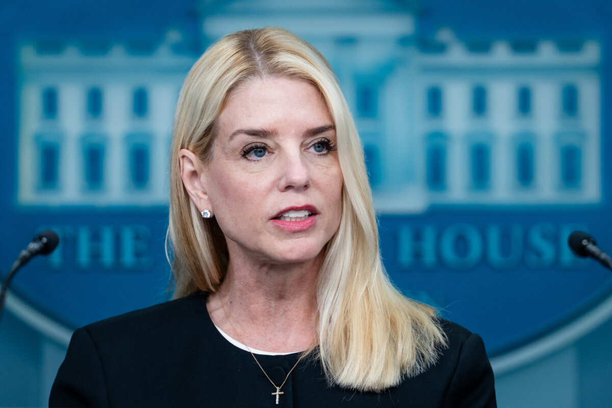 Attorney General Pam Bondi speaks to reporters in the James S. Brady Press Briefing Room at the White House on June 27, 2025. (Madalina Kilroy/The Epoch Times)