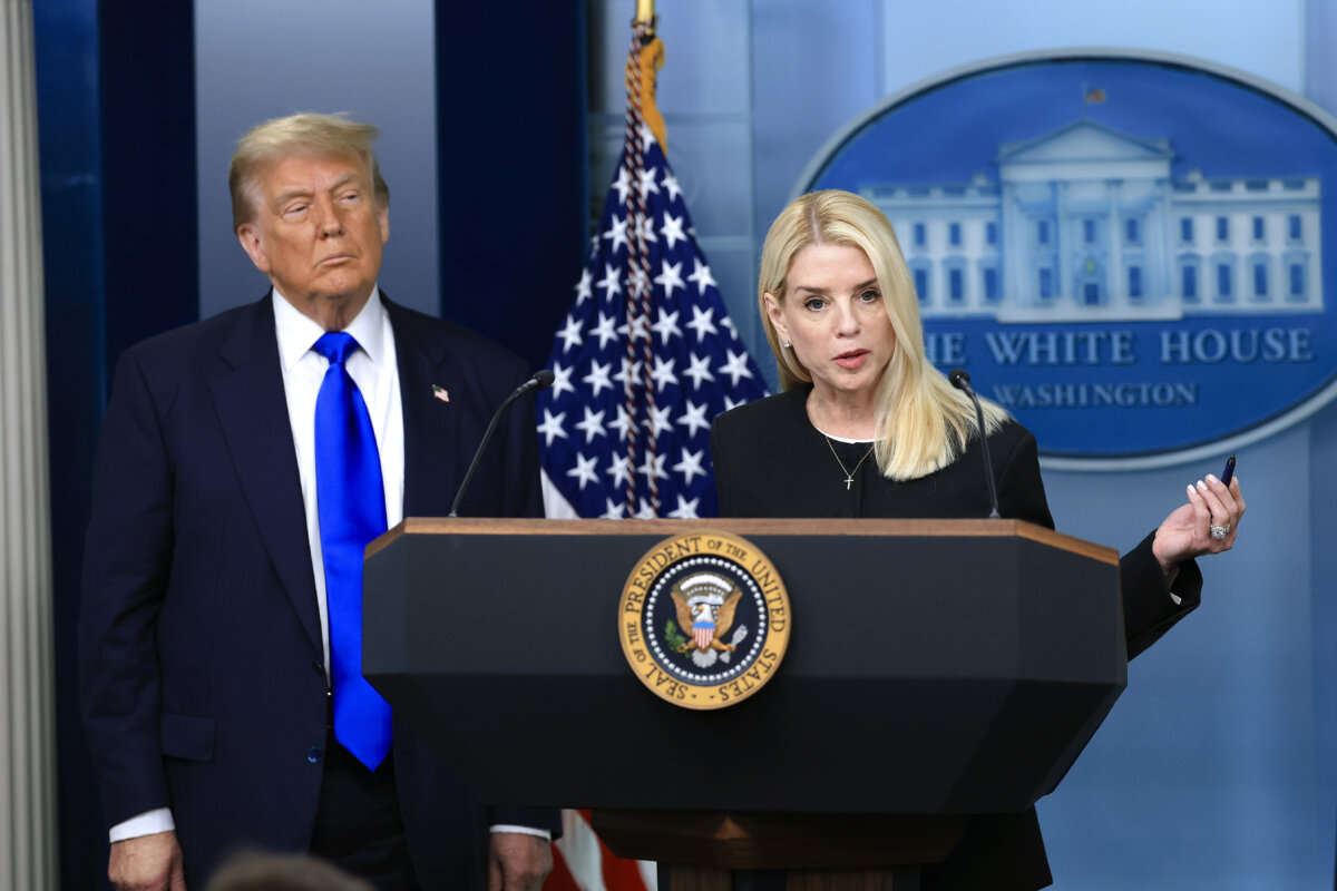 Attorney General Pam Bondi speaks alongside President Donald Trump on recent Supreme Court rulings, in the briefing room at the White House on June 27, 2025. (Joe Raedle/Getty Images)