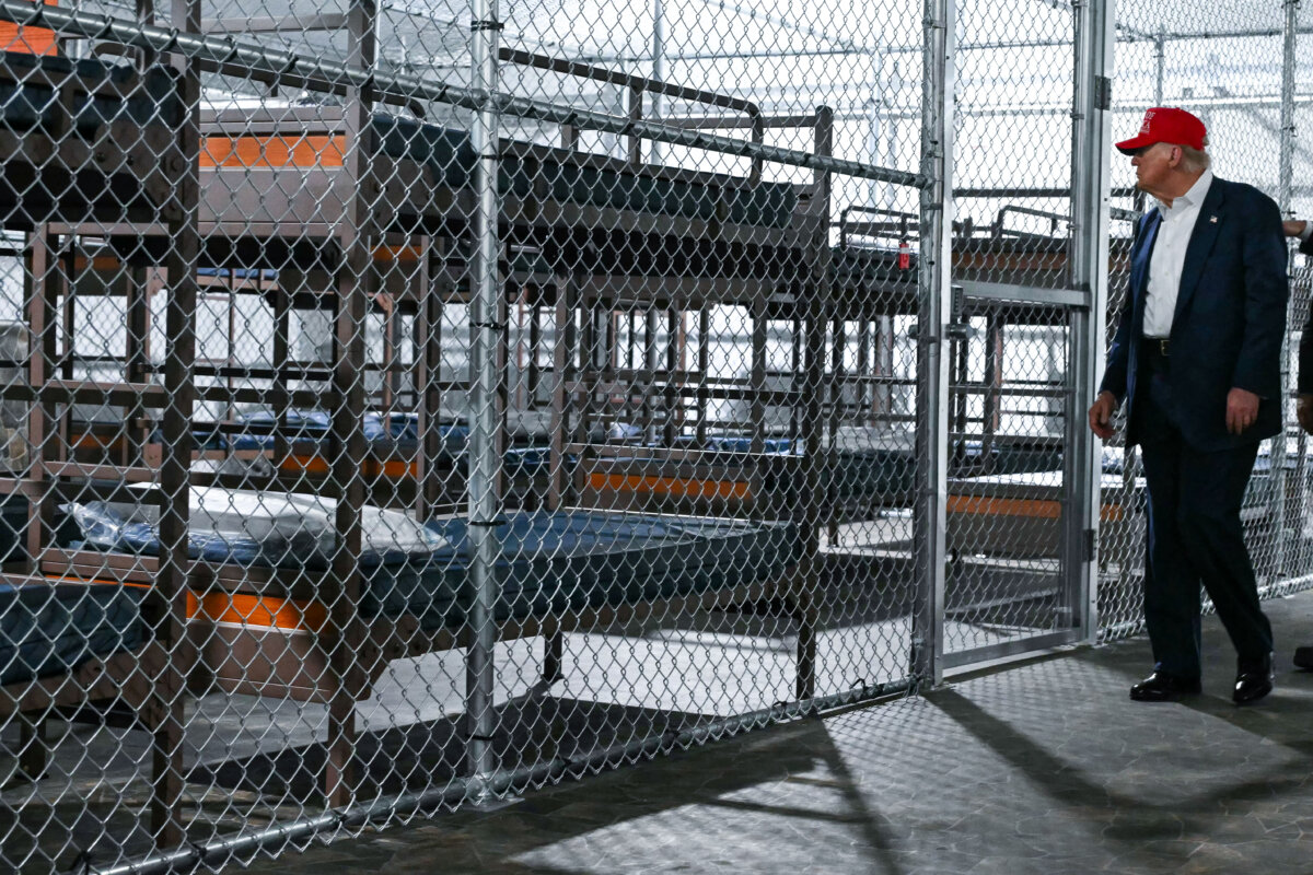 President Donald Trump tours an illegal immigrant detention center dubbed Alligator Alcatraz, located at the site of the Dade-Collier Training and Transition Airport in Ochopee, Fla., on July 1, 2025. (Andrew Caballero-Reynolds/AFP via Getty Images)