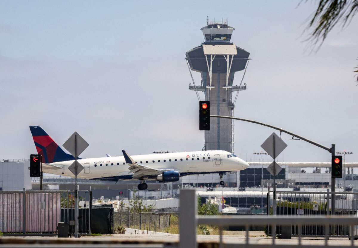 A control tower is seen at LAX airport in Los Angeles on July 1, 2025. (John Fredricks/The Epoch Times)