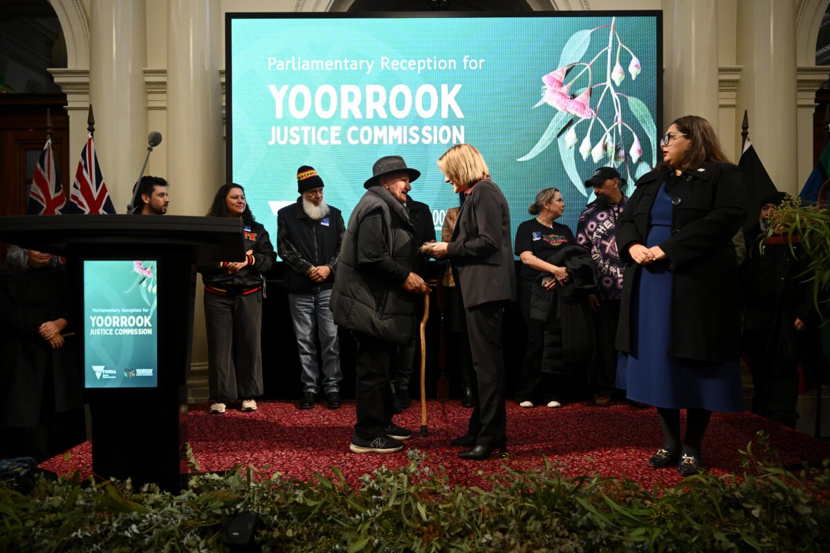 Victorian Premier Jacinta Allan receives message sticks at a Parliamentry Reception following the Yoorrook Justice Commission Walk for Truth at Parliament House, in Melbourne, Australia, on June 18, 2025. (AAP Image/Joel Carrett)