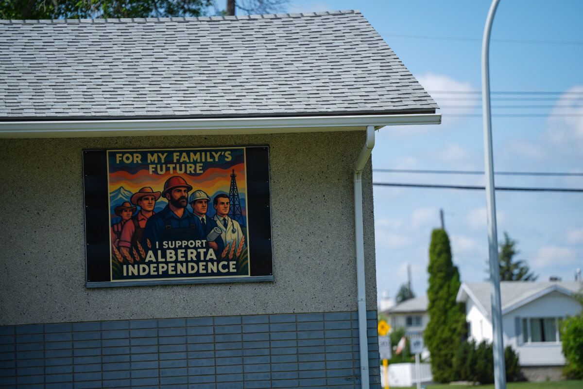 Artwork about Alberta independence is seen on the outside of a house in Edmonton on June 15, 2025. (The Canadian Press/Darryl Dyck)