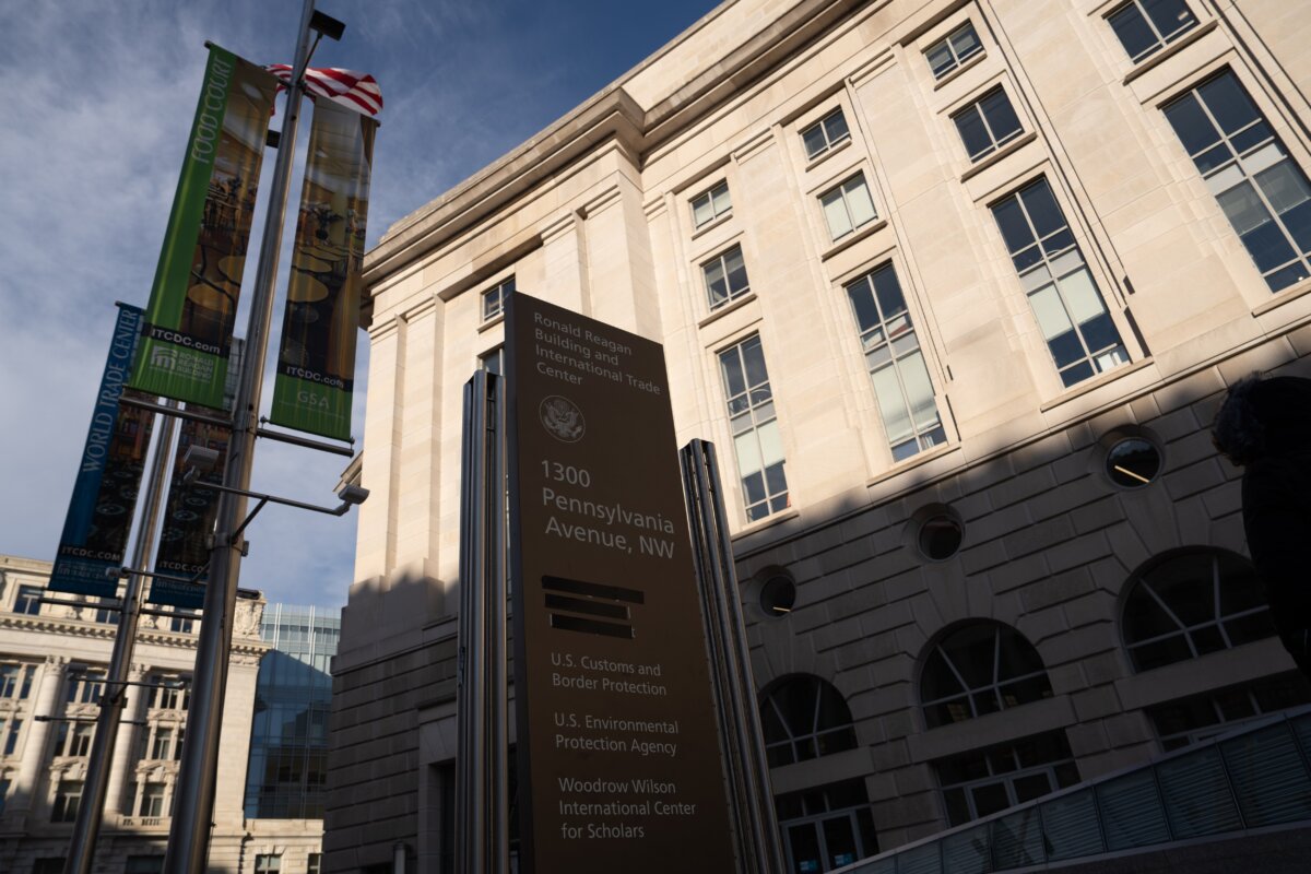 A outside the Ronald Reagan Building, which previously housed the U.S. Agency for International Development, in Washington, on Feb. 7, 2025. (Madalina Vasiliu/The Epoch Times)