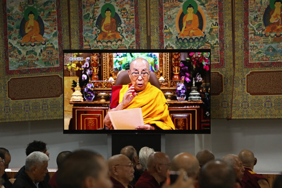 Tibetan spiritual leader the Dalai Lama speaks in a video broadcast at the start of the 15th Tibetan Religious Conference, a meeting of religious leaders in McLeod Ganj, near Dharamsala, India, on July 2, 2025. (Sanjay Baid/AFP via Getty Images)