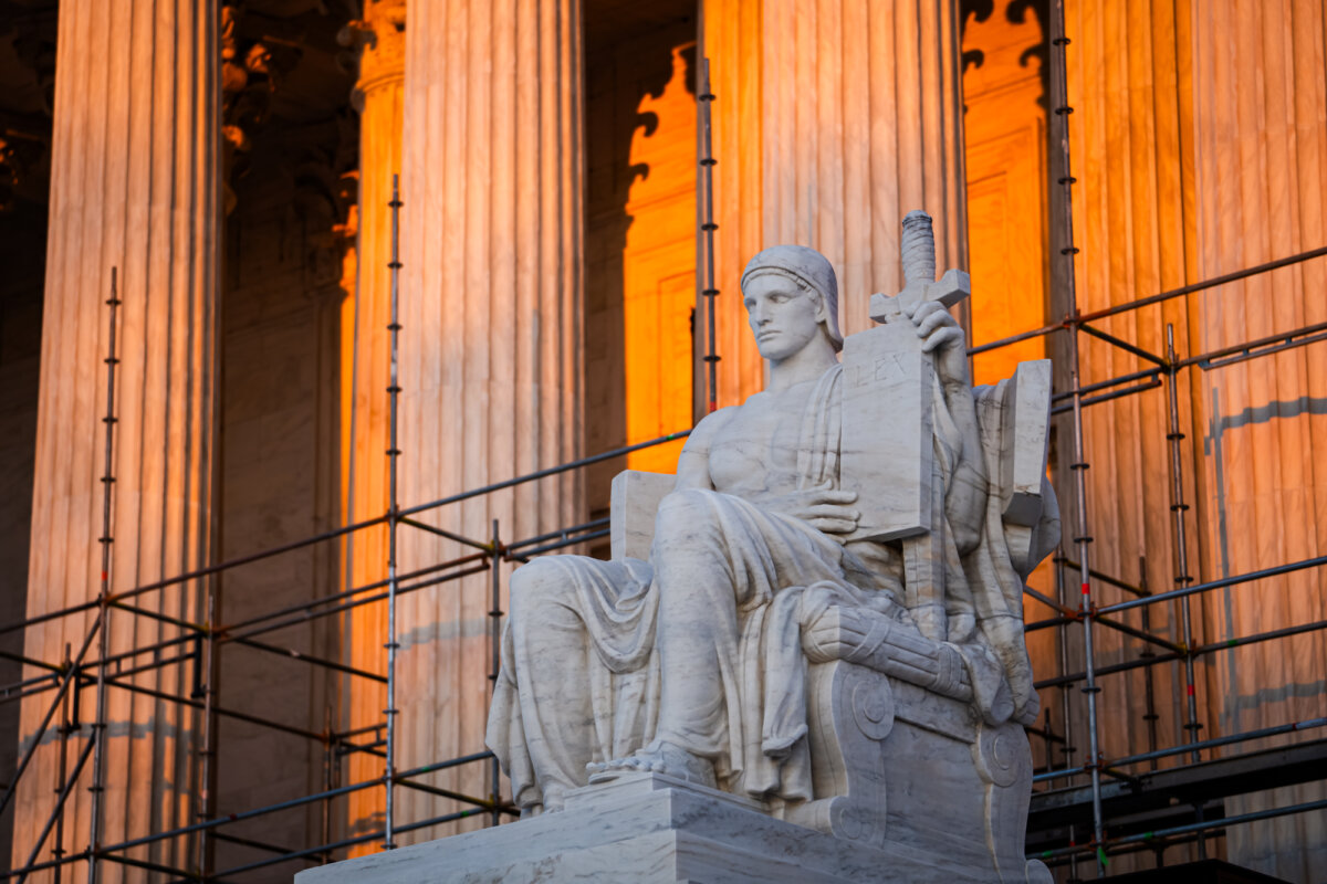 The Authority of Law statue stands in front of the Supreme Court in Washington on Feb. 10, 2025. The court closed its 2024–25 term with major rulings on gender, judicial authority, and TikTok. (Madalina Vasiliu/The Epoch Times)