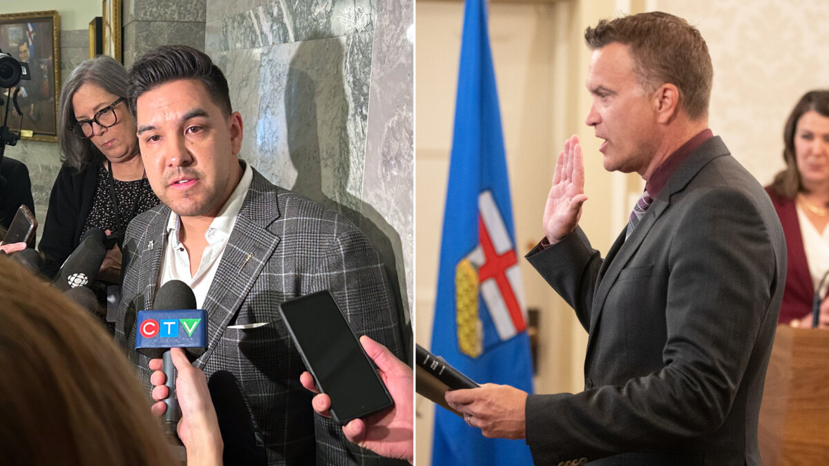 This composite image shows former United Conservative Party MLA Scott Sinclair (L) at the Alberta legislature building in Edmonton on March 10, 2025, and former UCP infrastructure minister Peter Guthrie, in Edmonton on June 9, 2023. The two are resuscitating the province's once-dominant Progressive Conservative Party. (The Canadian Press/Jack Farrell, Jason Franson)
