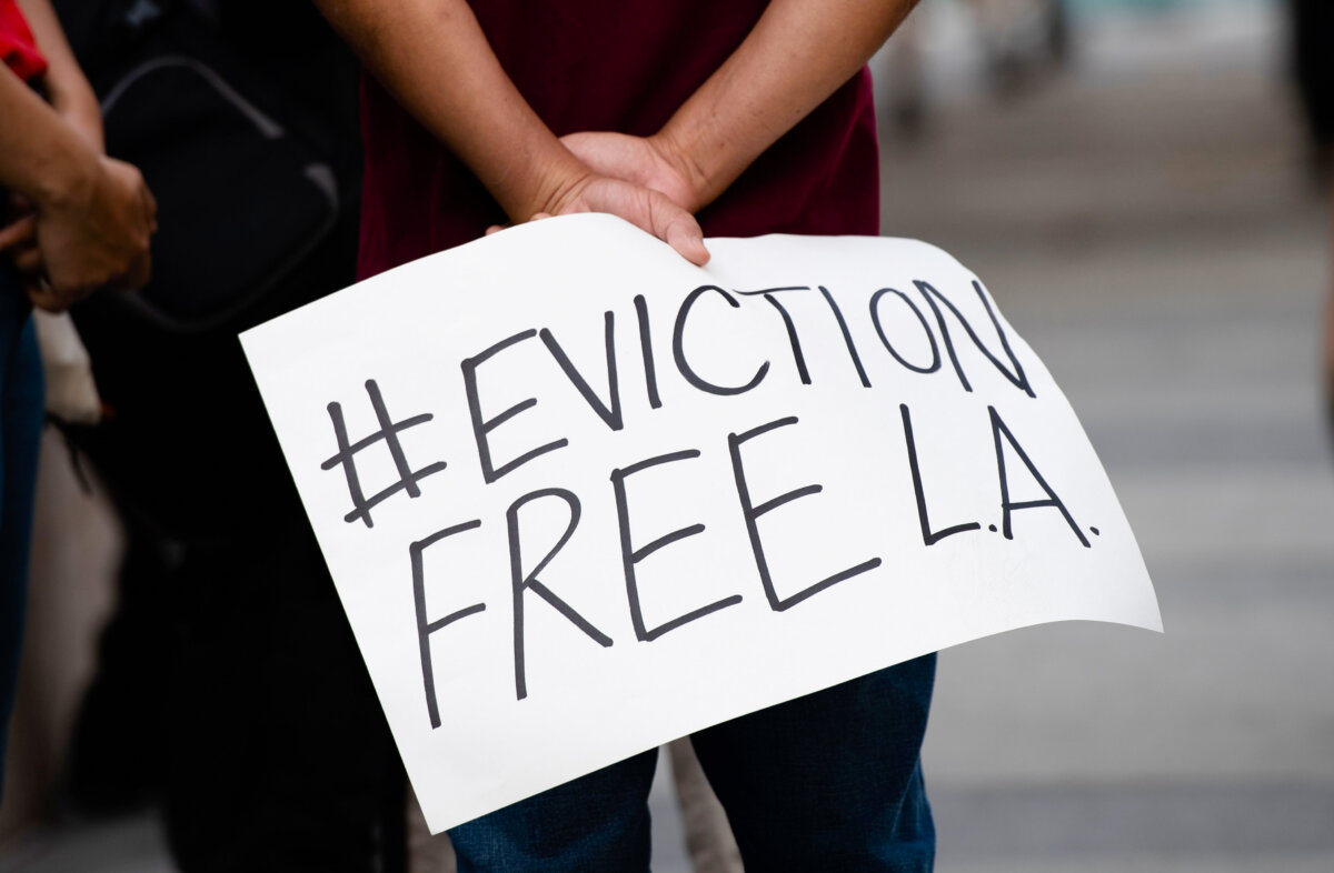 Renters and housing advocates rally for canceling rent and ending evictions amid the COVID pandemic in Los Angeles on Aug. 21, 2020. (Valerie Macon/AFP via Getty Images)