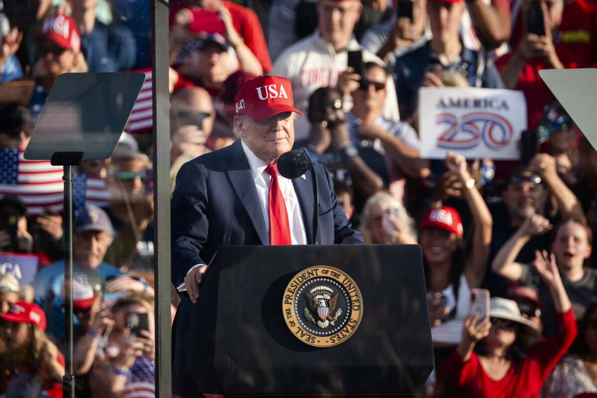 President Donald Trump speaks at the Iowa State Fairgrounds during the kick off of a yearlong buildup to the 250th anniversary of the signing of the Declaration of Independence, in Des Moines, Iowa, on July 3, 2025. (Madalina Kilroy/The Epoch Times)