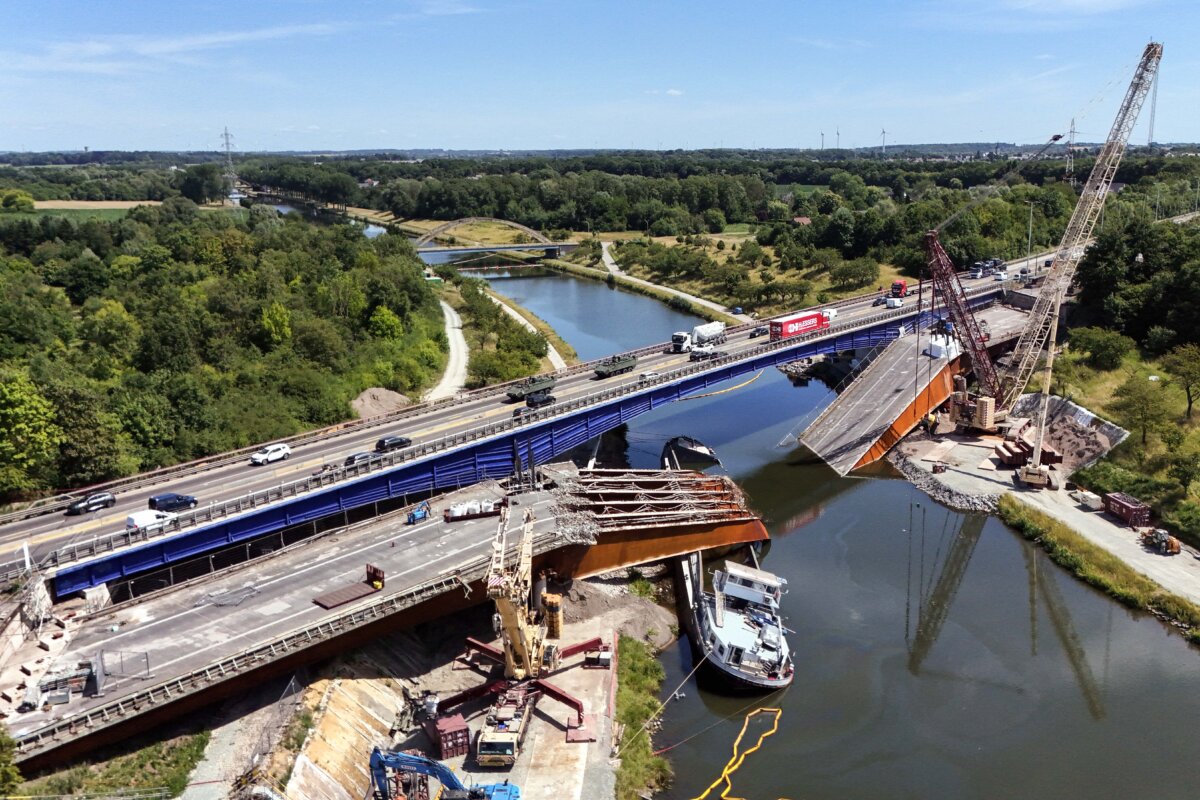 A bridge that collapsed in March in La Louviere, Belgium, on July 4, 2025. (Nicolas Maeterlinck/Belga/AFP via Getty Images)